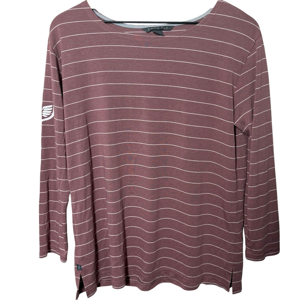 Free Fly Stripe Long Sleeve Boatneck Top Nautical Logo Casual Relaxed Activewear